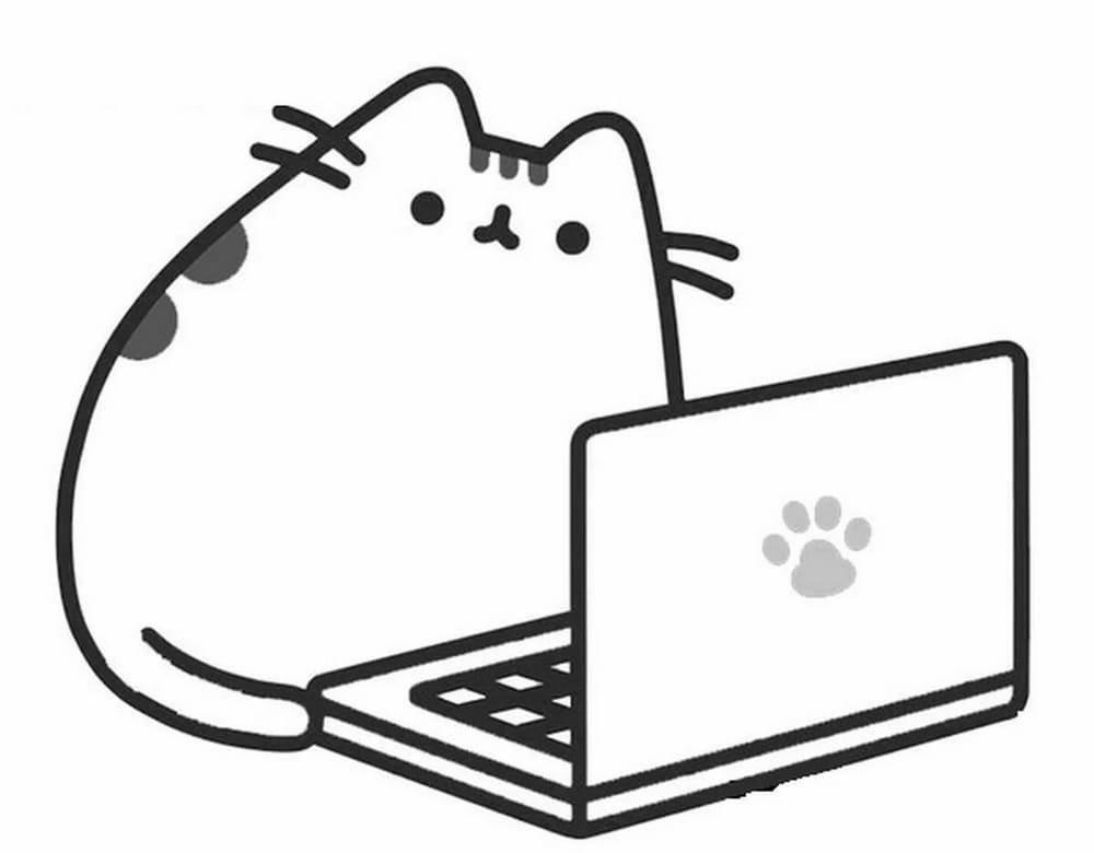 Tô màu Pusheen làm việc với máy tính - Trang Tô Màu Cho Bé