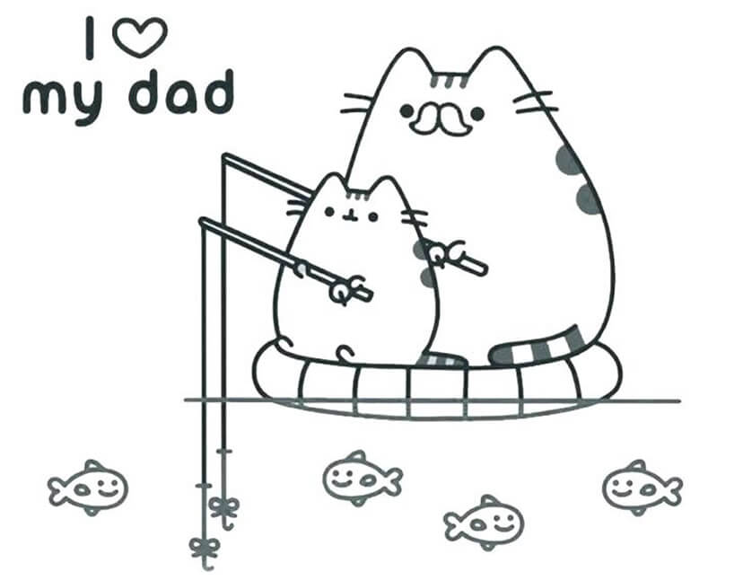 Tô màu Mèo Pusheen câu cá cùng cha - Trang Tô Màu Cho Bé